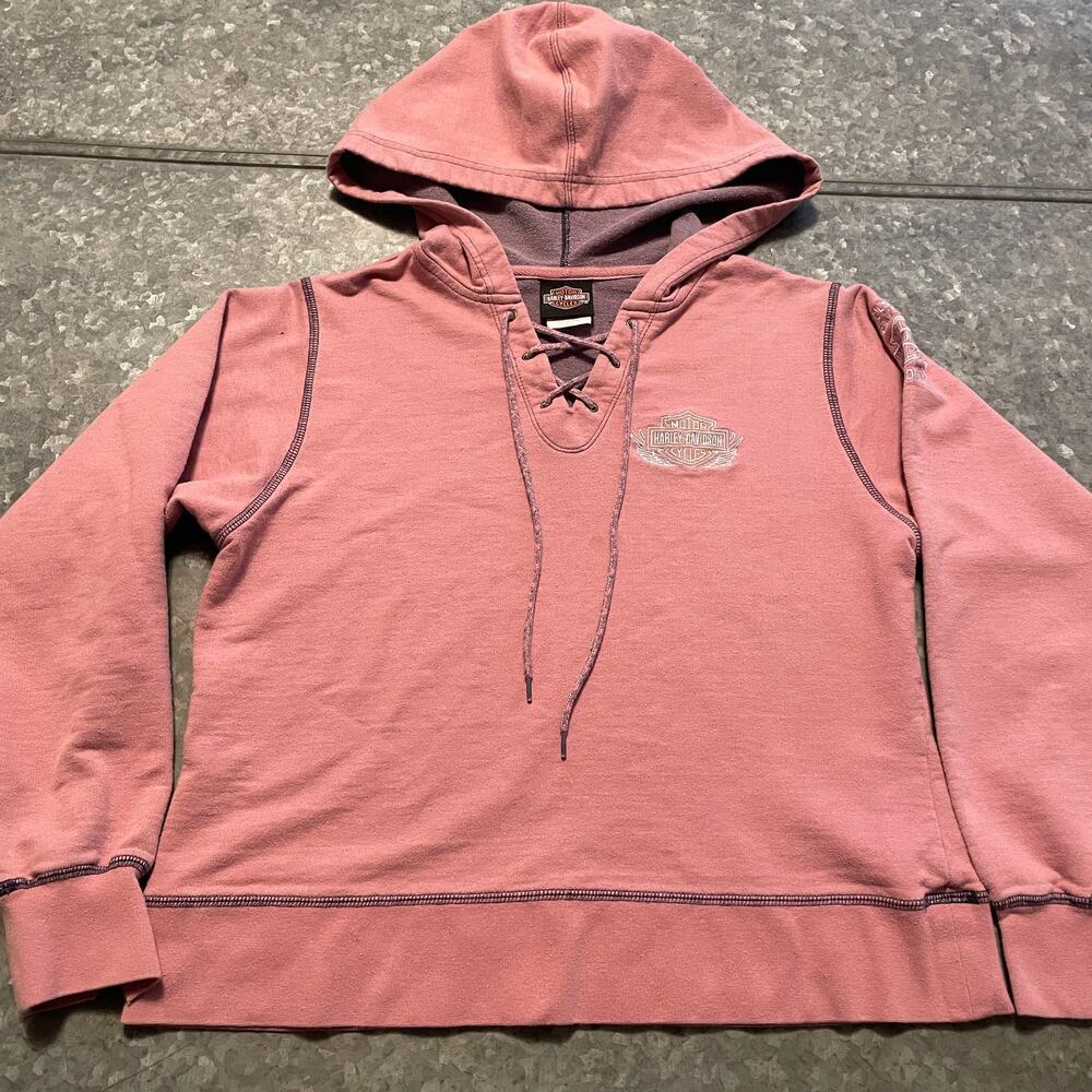 Harley Davidson Vintage Y2K Pink Lace Up Hoodie Sweatshirt Womens Medium Grunge